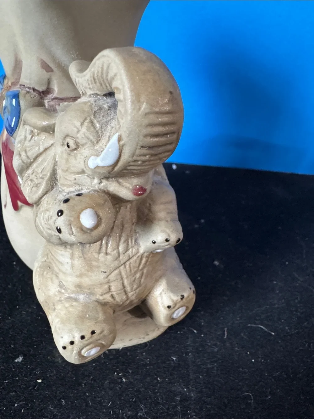 Vintage small Ceramic Elephant Vase with Bow Accent - Beige with Red & Blue